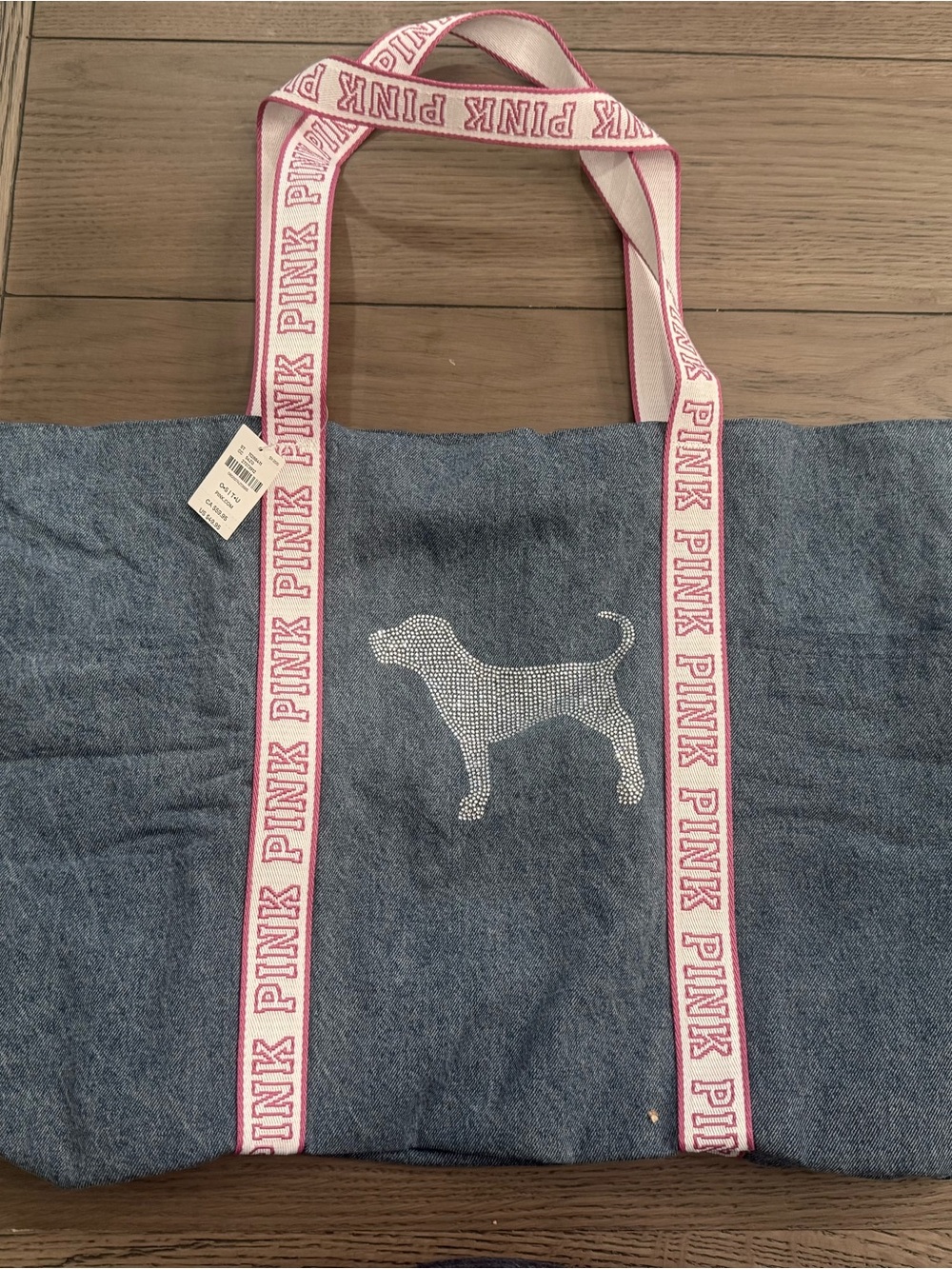 PINK Victoria's Secret Denim Tote with Rhinestone Dog and Pink Logo Straps
